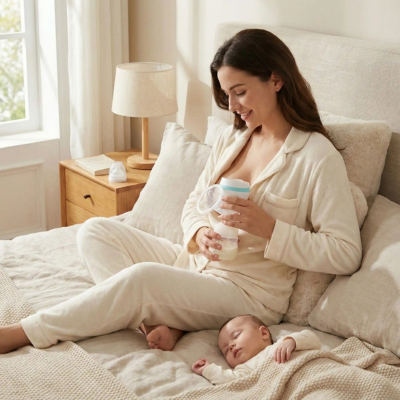 tire lait electrique bicolore ciel maman dans son lit