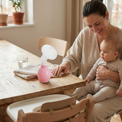 tire lait manuel rose poser sur table a coter de maman 