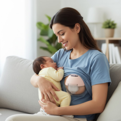 maman avec son bebe utilise tire lait sans fil