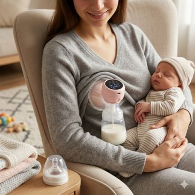maman assise avec bebe qui utilise tire lait portable 