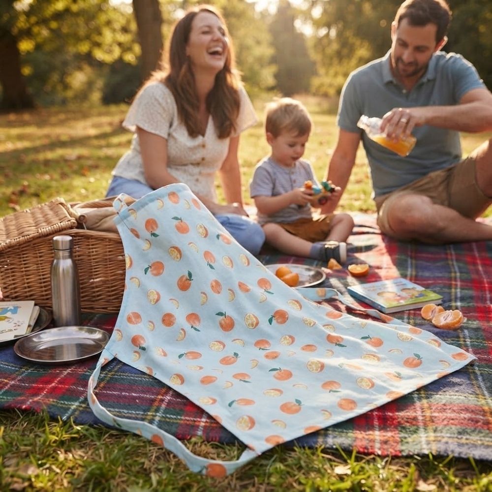 une famille en pique nique avec cape d'allaitement