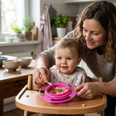 vaisselle bebe maman aide son fils a manger