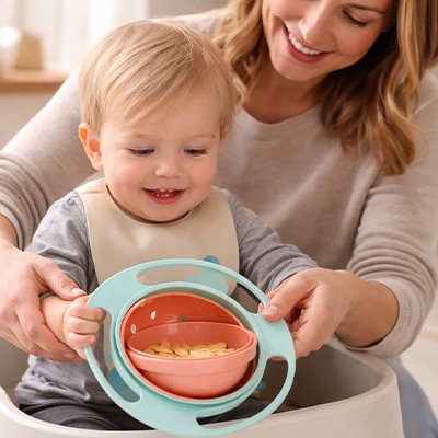 vaisselle bebe maman aide son fils a tenir son bol