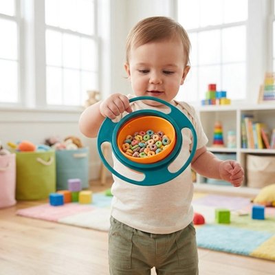 Vaisselle pour bebe qui joue avec son bol