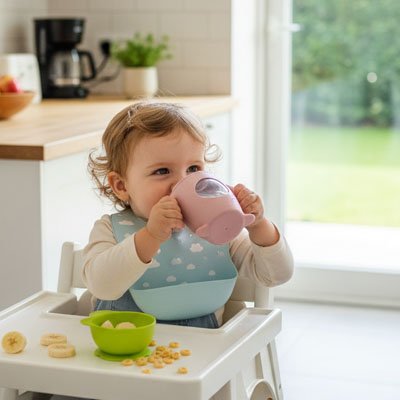 Verre pour bebe petite fille qui boit a son verre